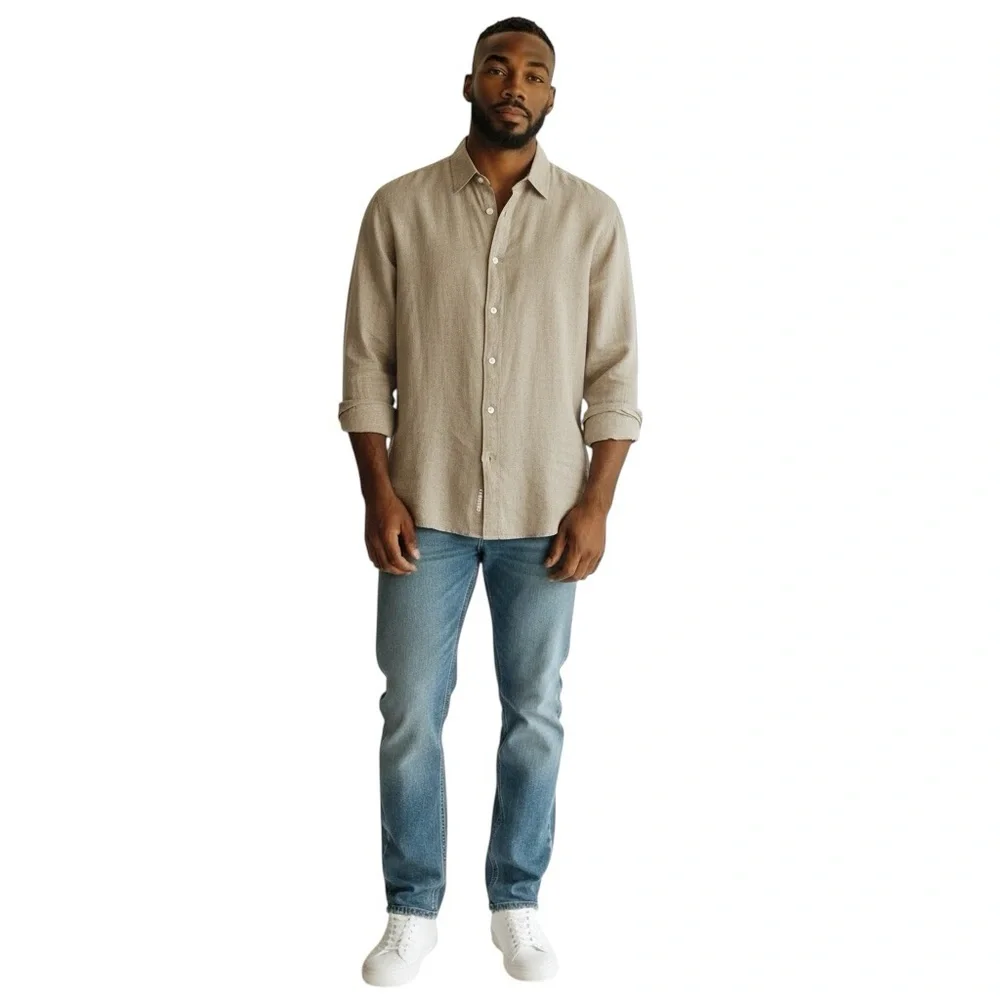 MICHAEL KORS Linen Long Sleeve Shirt in Tan Size XXL